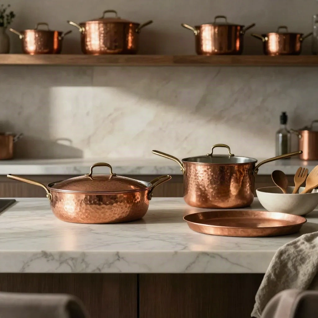 Sunlit marble island with copper cookware and a pale stone backsplash, calm space for headline.