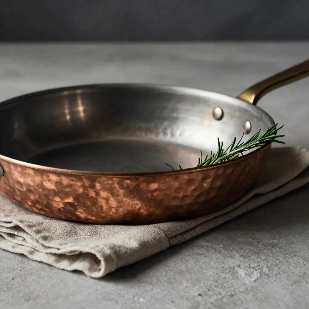 Hammered copper sauté pan with linen and rosemary against pale plaster and charcoal shadow.