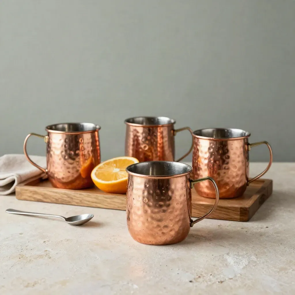 Hammered copper mug set with citrus, linen, tray, and spoon on stone