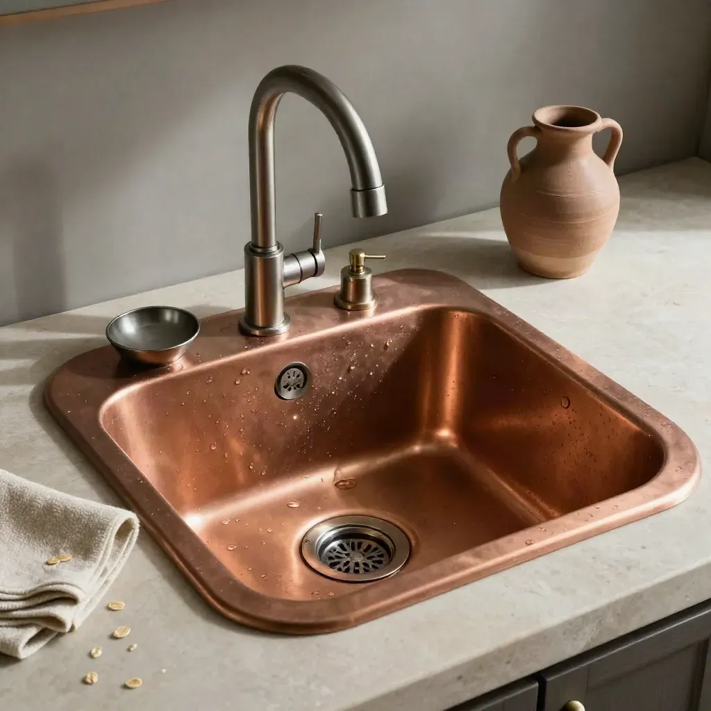 Copper farmhouse sink with brass drain, towel, jug, and water droplets in a floor-level hero shot.