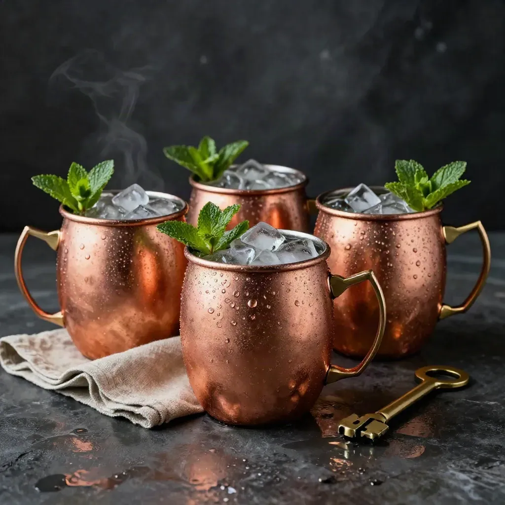 Four copper mugs with ice and mint on wet stone, with cold vapor and a linen napkin.