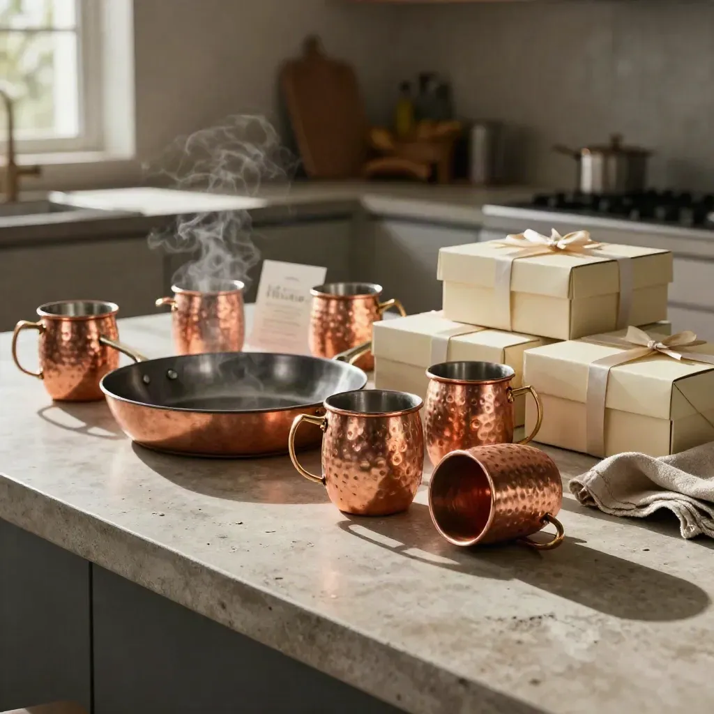 Copper mugs, sauté pan, and cream gift boxes on a warm concrete island.