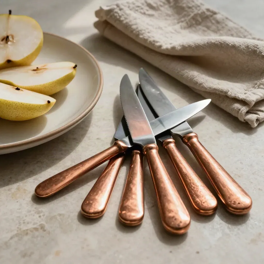 Copper table knife set beside stoneware plate, pear slices and linen napkin in soft daylight.
