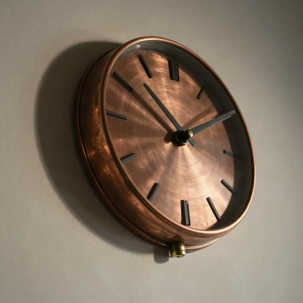 Close-up copper wall clock on pale plaster panel with long crescent shadow