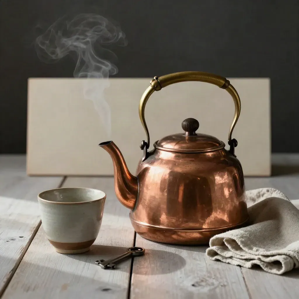 Copper tea kettle steaming beside a ceramic cup and folded cloth on pale wood.