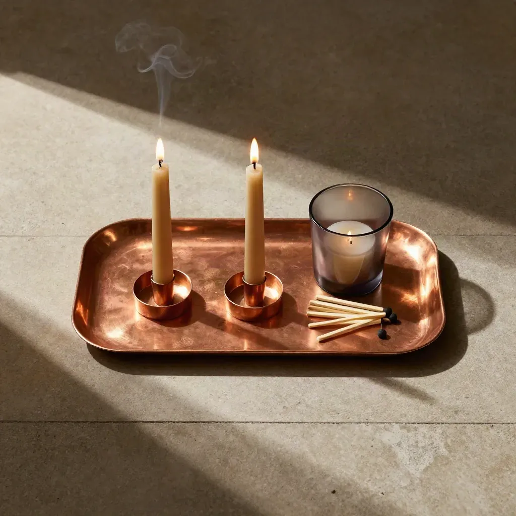 Overhead copper candle tray with lit taper candles, votive and matches on khaki stone.