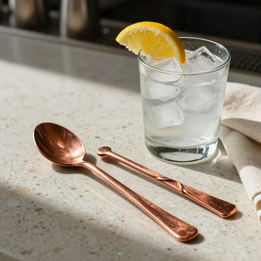 Copper bar spoon set beside a chilled tumbler with ice and citrus on travertine.
