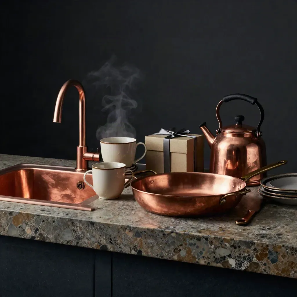 Copper kitchen bundle with sink, mugs, pan, kettle, cutlery and gift box in a dramatic studio scene.