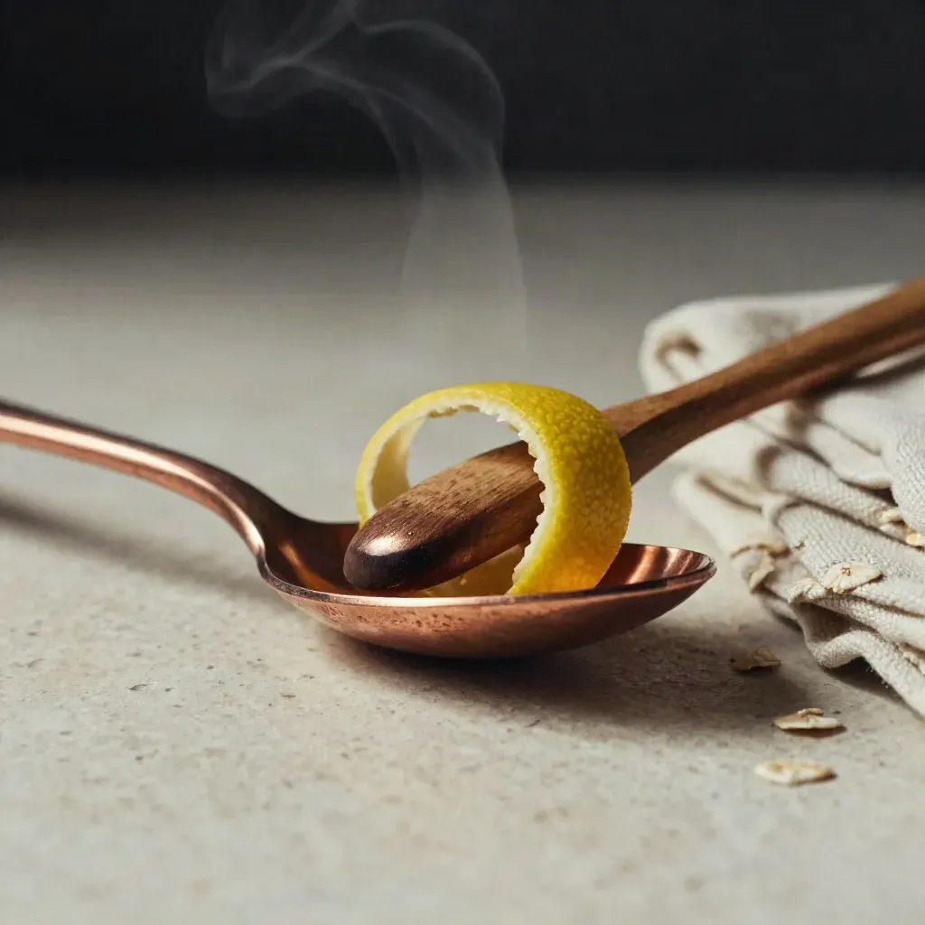 Copper spoon rest with wooden spoon, lemon peel and tea towel on travertine