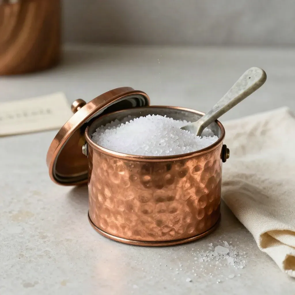 Top-down copper salt cellar opened with coarse salt, stone spoon and cream linen on pale stone.