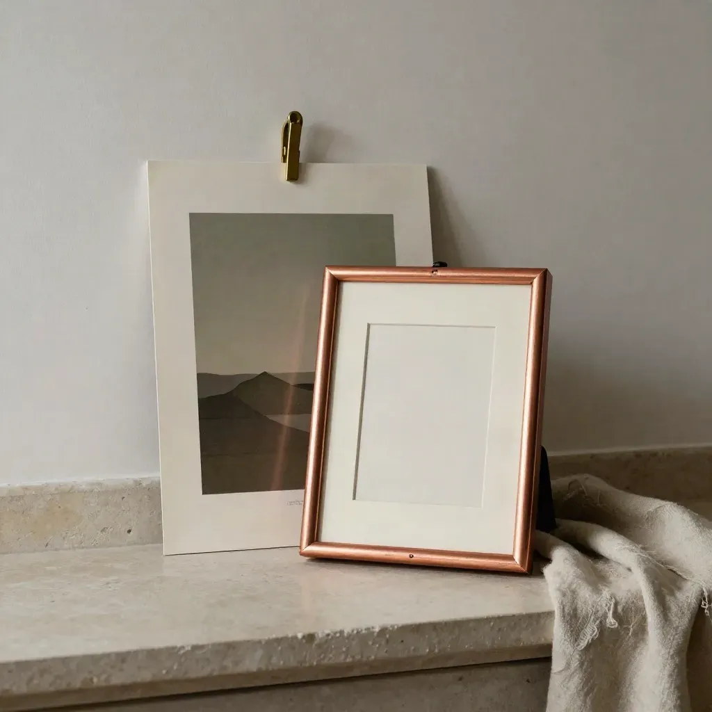 Copper picture frame with blank mat beside folded print on a plaster ledge.