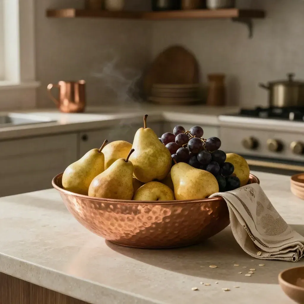 Hammered copper fruit bowl with pears and grapes on a pale stone kitchen island