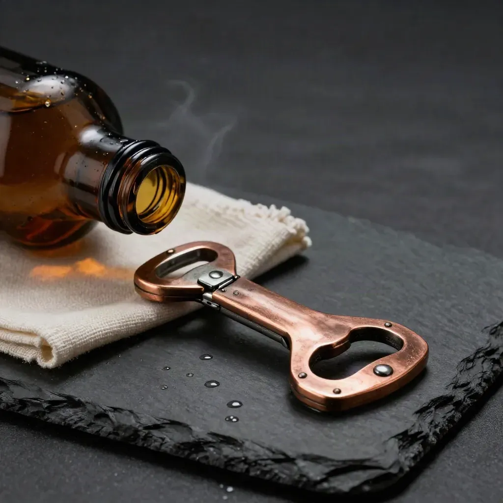 Copper bottle opener beside a capped bottle on dark slate with condensation and a linen coaster.
