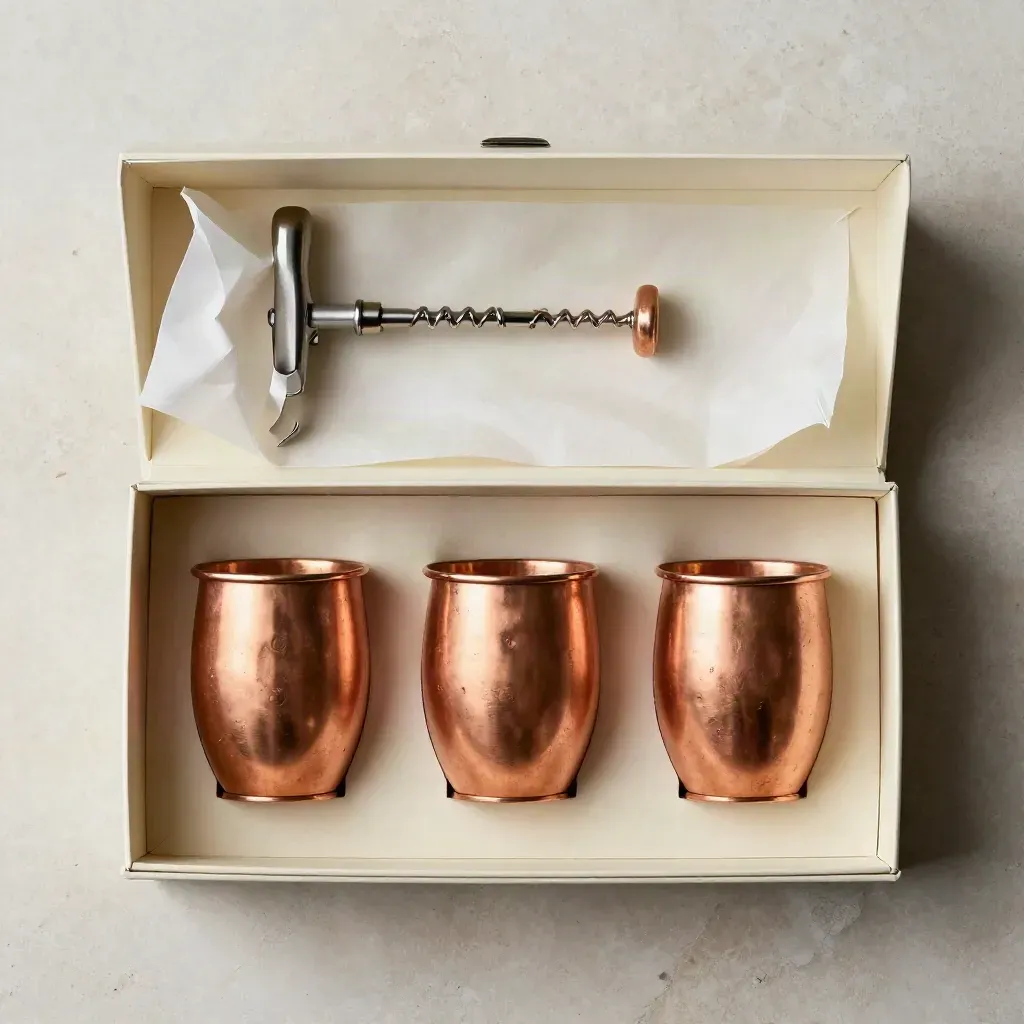 Open copper wine gift set with two cups, corkscrew and cream tissue in a cream box