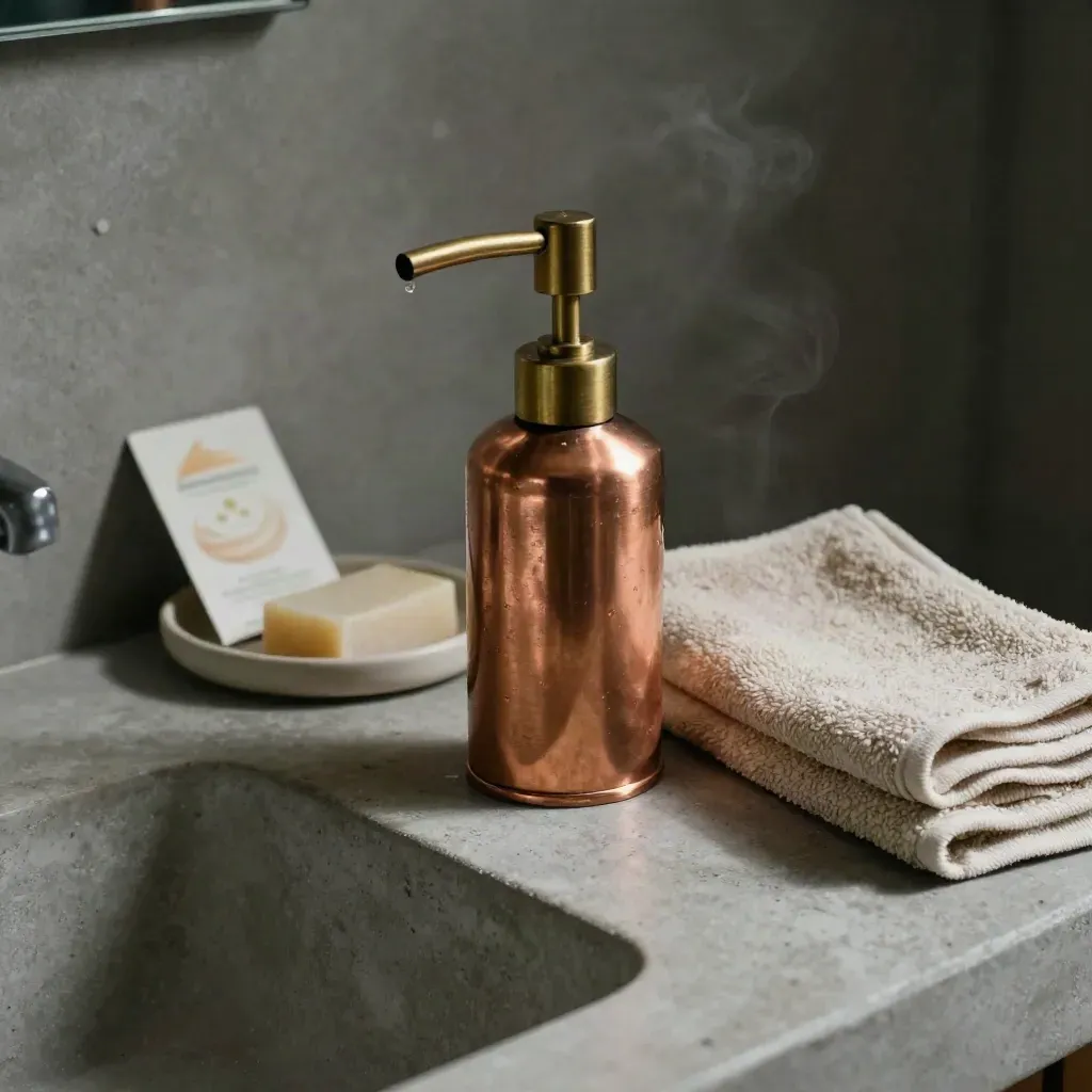 Copper soap pump beside soap, towel, and tray at a steamy bath sink.