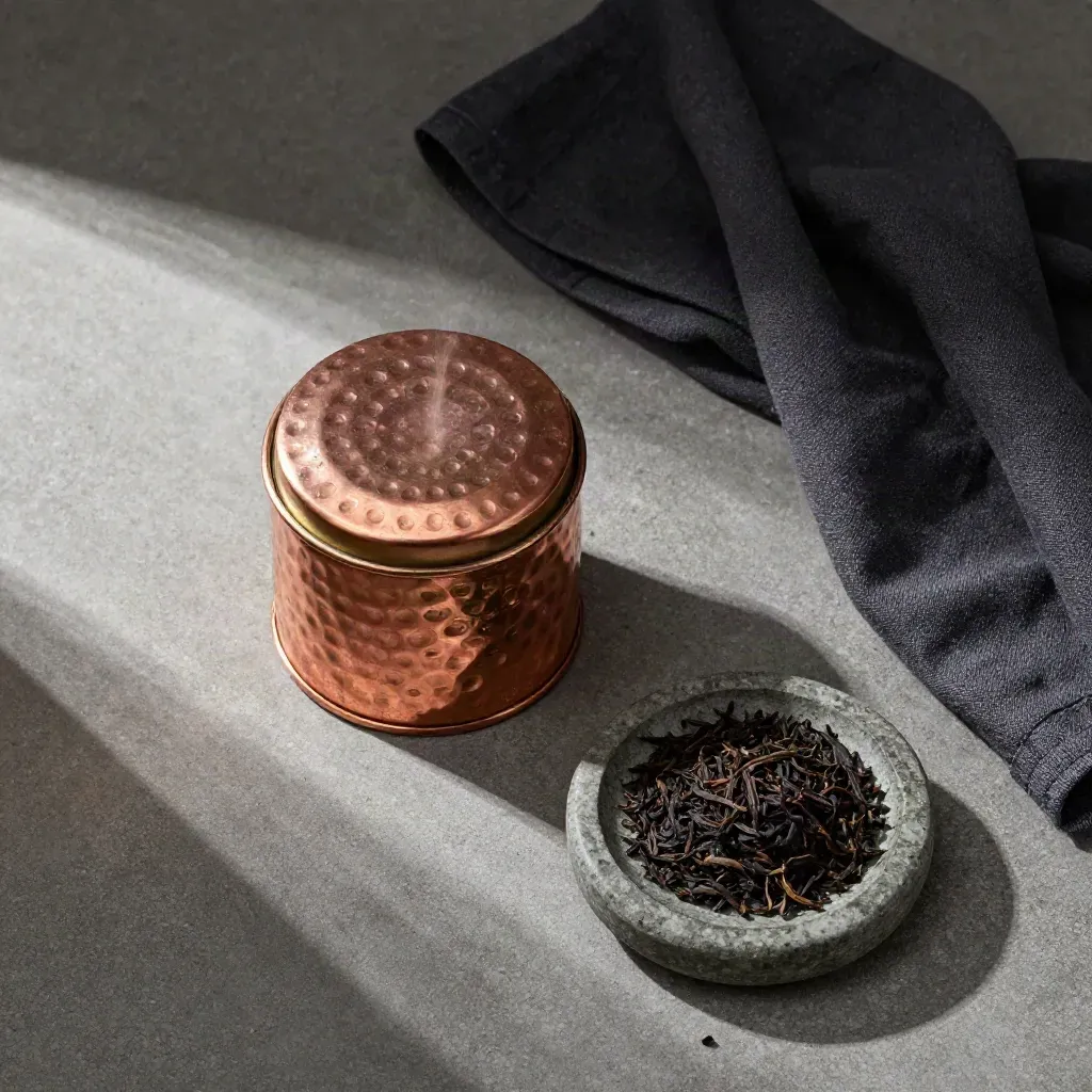 Overhead copper tea canister with loose tea and a folded charcoal cloth