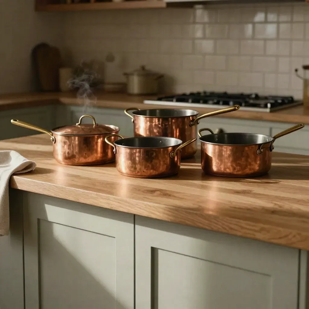 Sunlit oak kitchen with copper cookware above a calm counter, ready for headline copy.