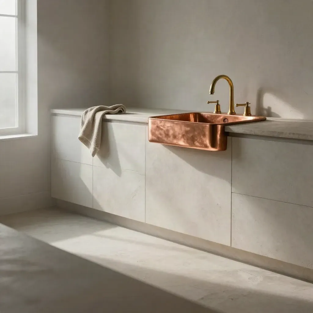 Plaster kitchen with copper sink niche, brass taps, and towel in soft morning light