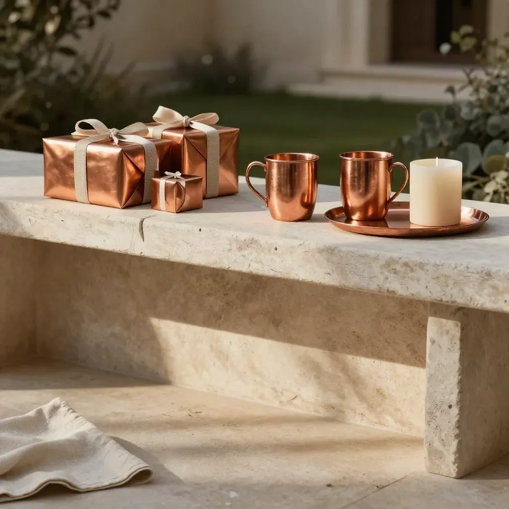 Copper gifts and decor on a pale linen bench with a soft garden blur in golden light